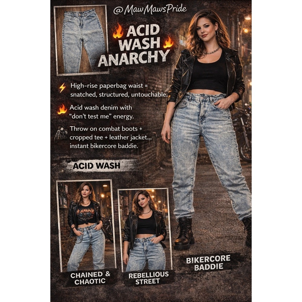 BIKERCORE ACIDWASH ANARCHY Refuge Paperbag High Rise Mom Jeans Blue XL